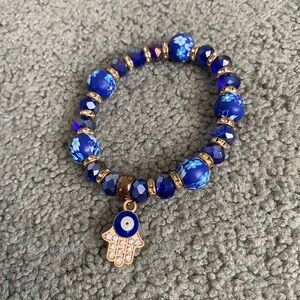 Blue Beaded Bracelet with Hamsa Charm